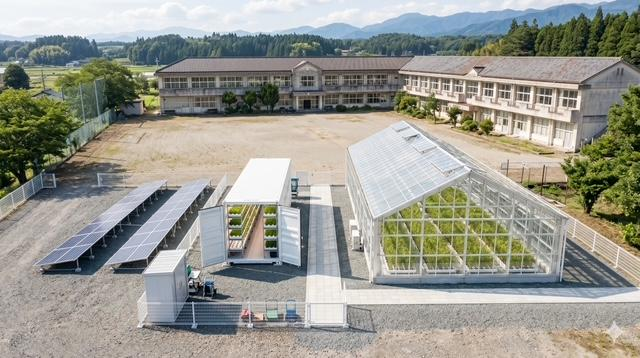 旧千種北小学校 全体構想図 網室ガラスハウスとRiceContainer設置イメージ
