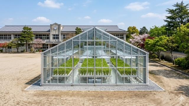 医療用稲栽培用 網室ガラスハウス 正面